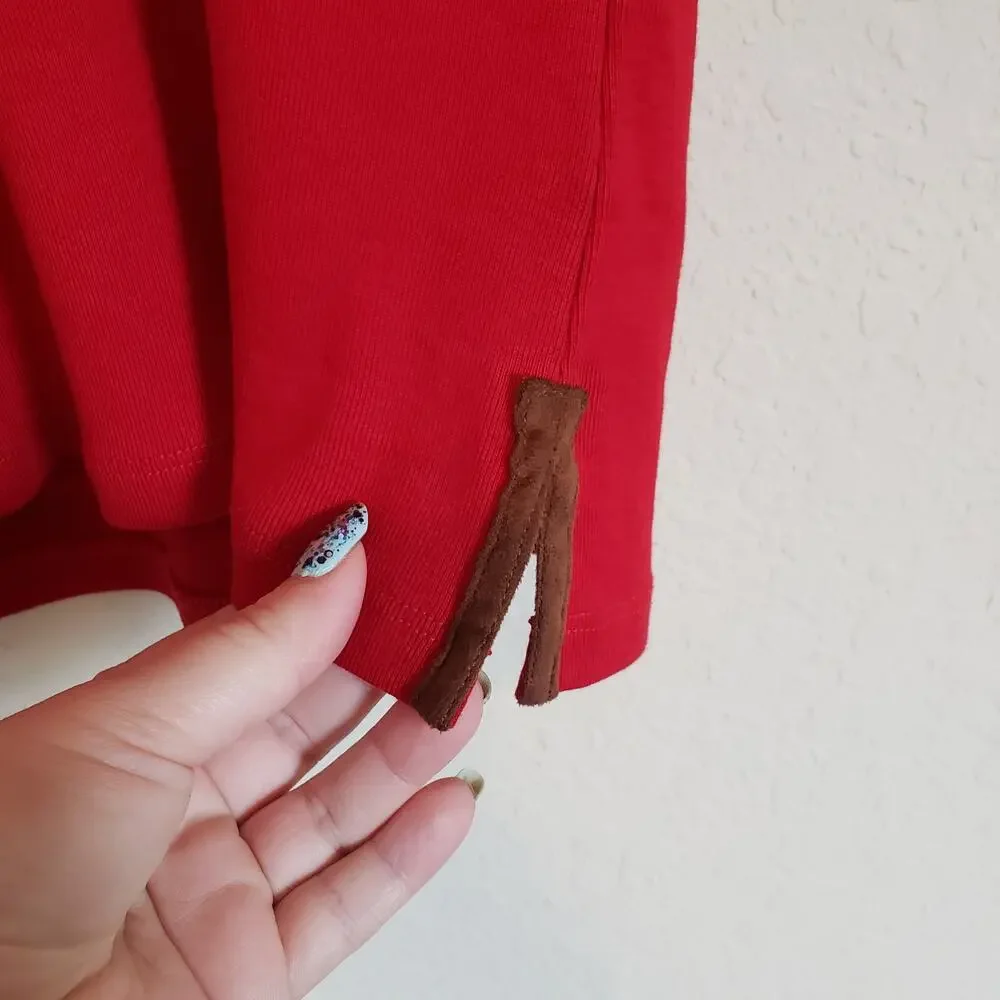 Lauren Ralph Lauren Red V-Neck Top‎ with Brown Faux Suede Trim Women's X Small